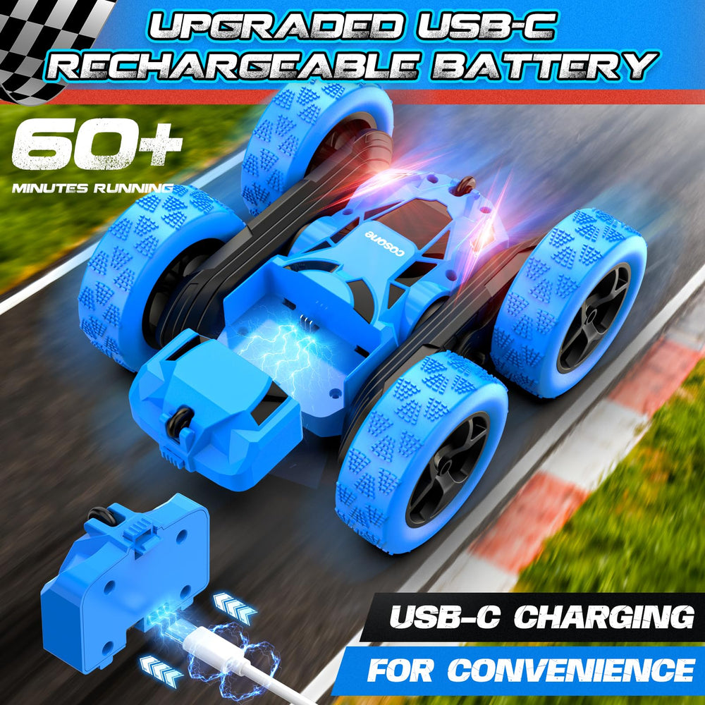 Cosone remote-control car blue side profile highlighting compact indoor-friendly design.