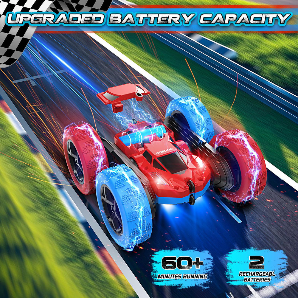Cosone RC car rear view showcases dual batteries for extended play.