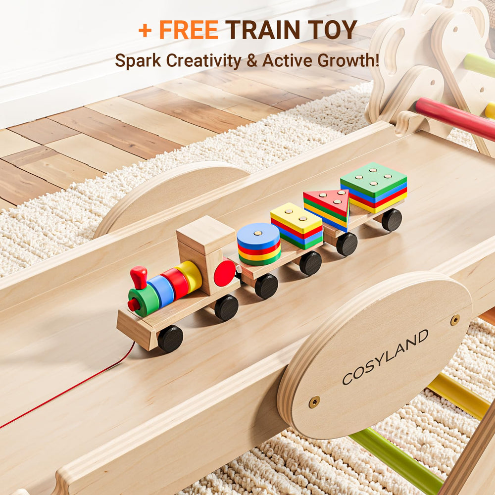 COSYLAND Pikler Triangle Set train toy box edition sparks imaginative play and early problem-solving.