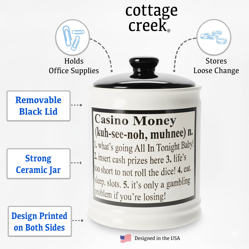 Cottage Creek Casino Money Piggy Bank ceramic detail highlights durable stoneware and vibrant casino motif.
