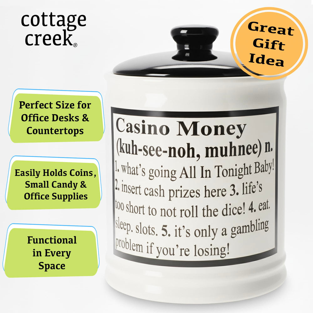 Cottage Creek Casino Money Piggy Bank coin storage display keeps savings organized on a desk.