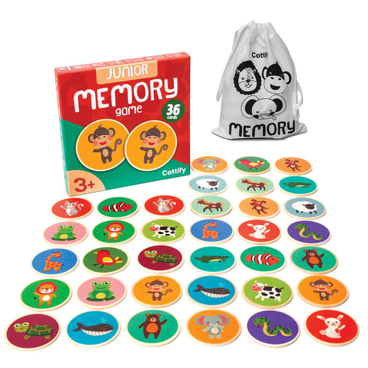 Cottify Montessori matching game with 36 wooden cards laid out for memory play.