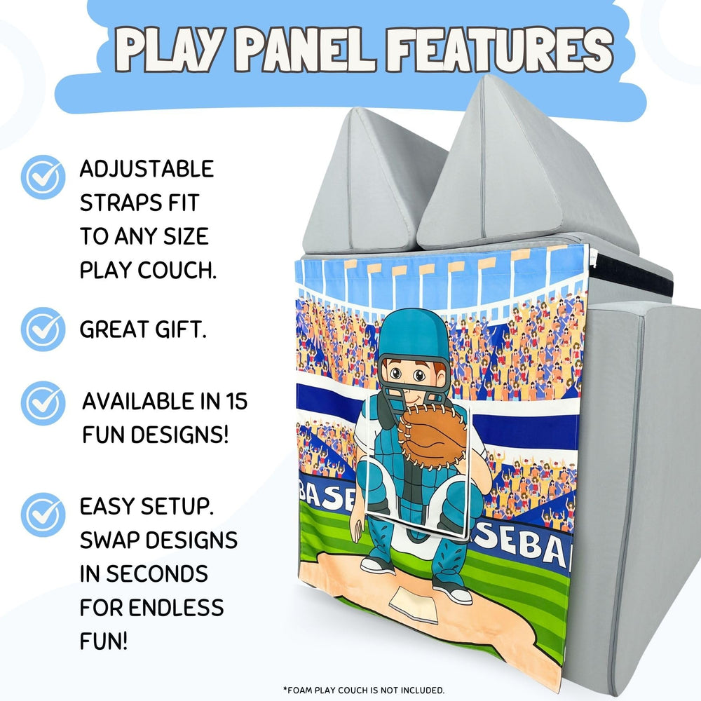 Couch Swag Baseball Play Panel strap-secure demonstrates easy setup and adjustable fit.