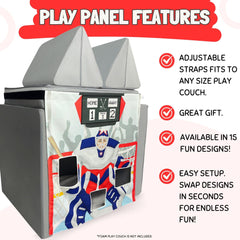 Couch Swag Hockey Play Panel attached to a foam couch for group play.