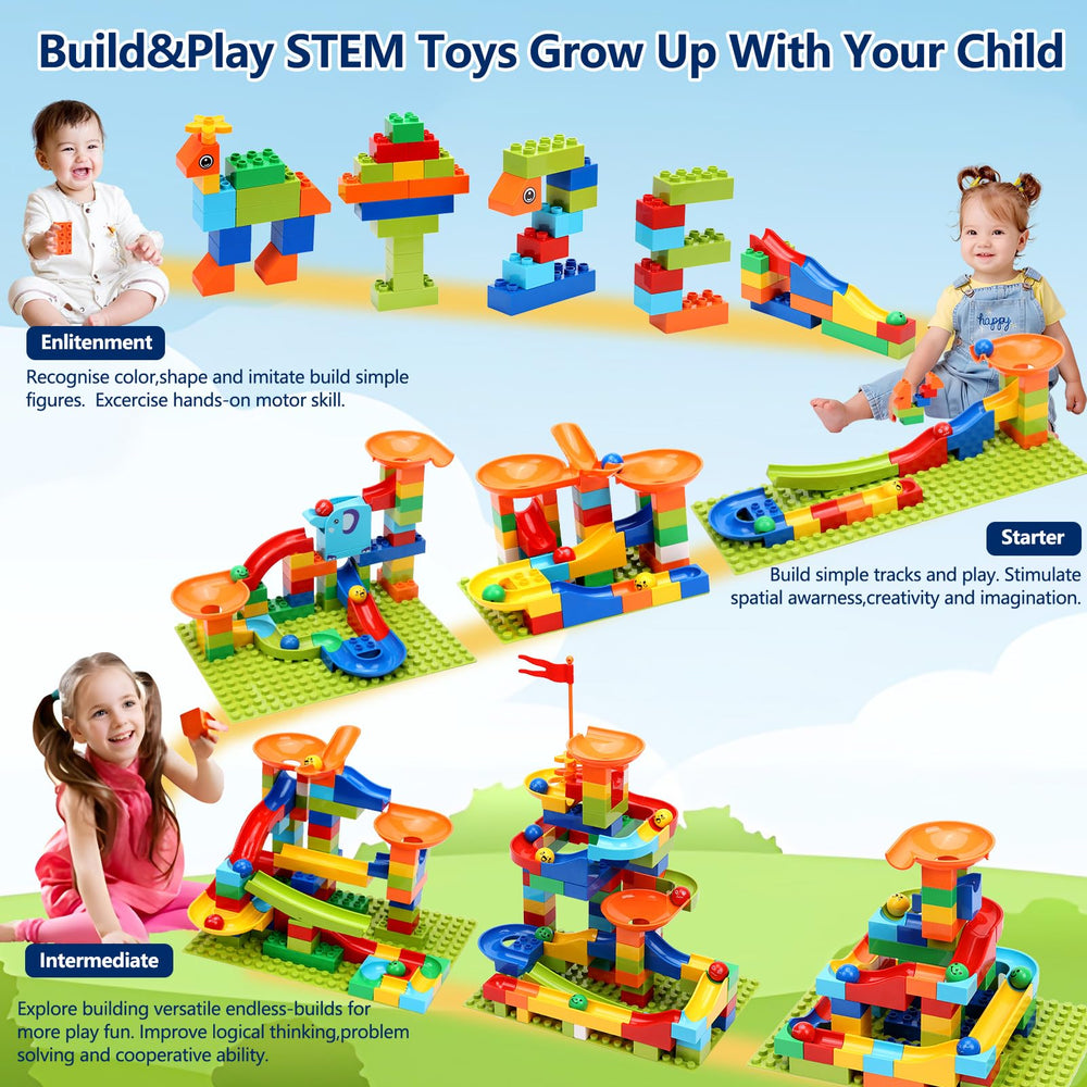 COUOMOXA child enjoys marble run to boost hand-eye coordination.