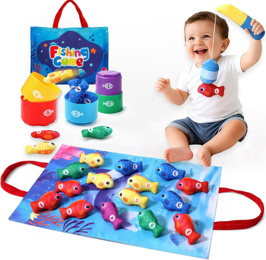 COUOMOXA fishing game setup with felt fish and cups invites sorting and counting play.