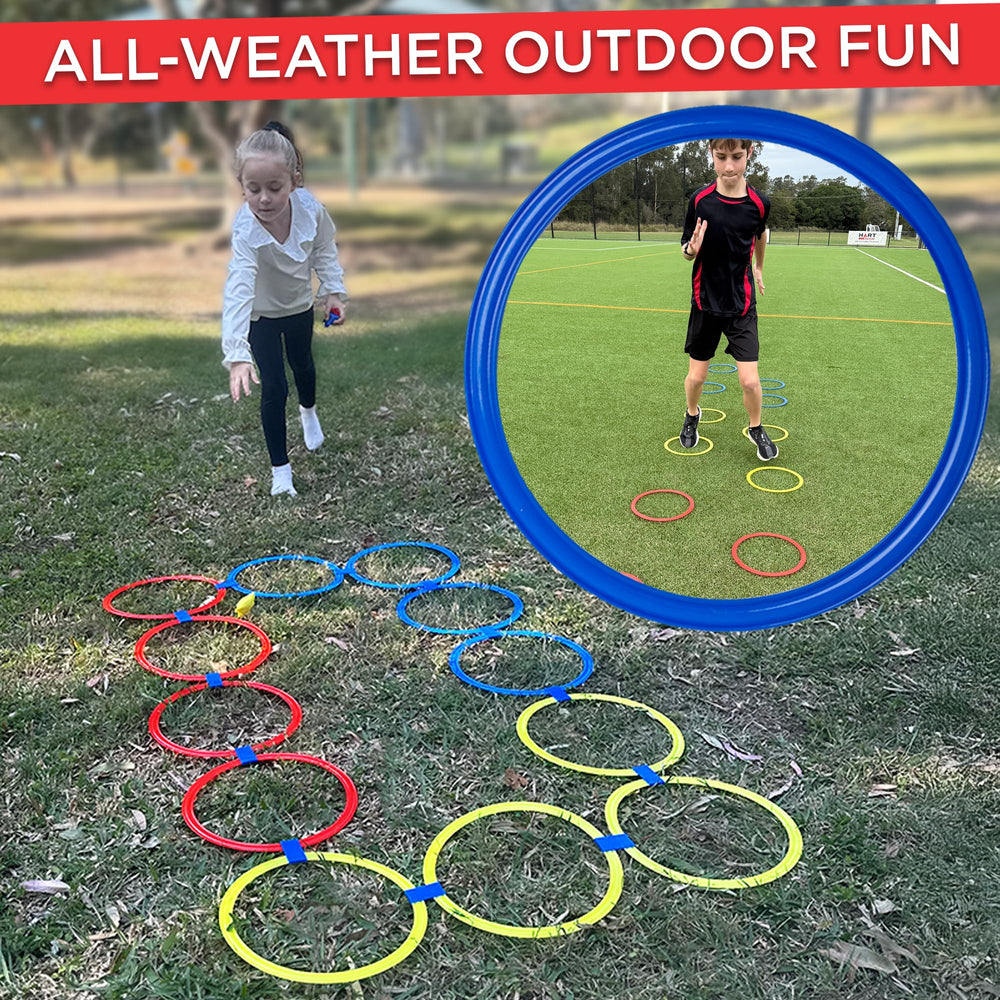 Outdoor recess scene with Covelico rings and bean bags.