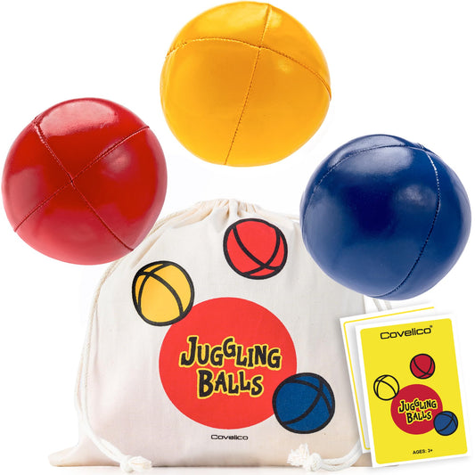 Covelico juggling balls set in blue, red, and yellow for beginner practice.