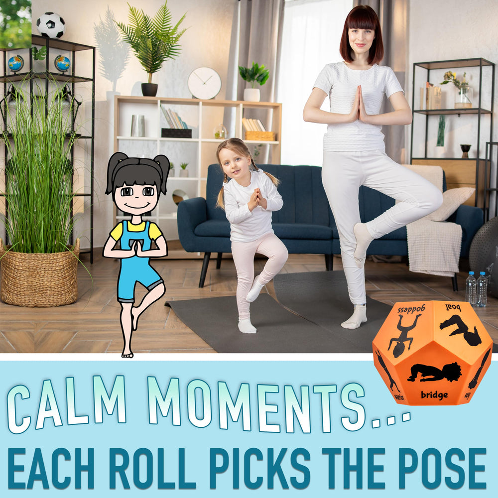 Covelico Yoga Dice close-up shows tree pose icon for kid-friendly balance practice.
