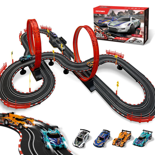 Covsen 30ft slot car track with circular overpass for dynamic racing sessions.
