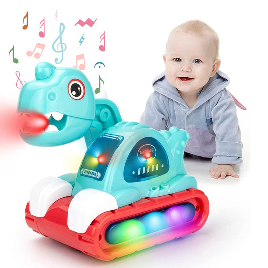 COVTOY dinosaur car toy in motion with lights and roaring sounds.