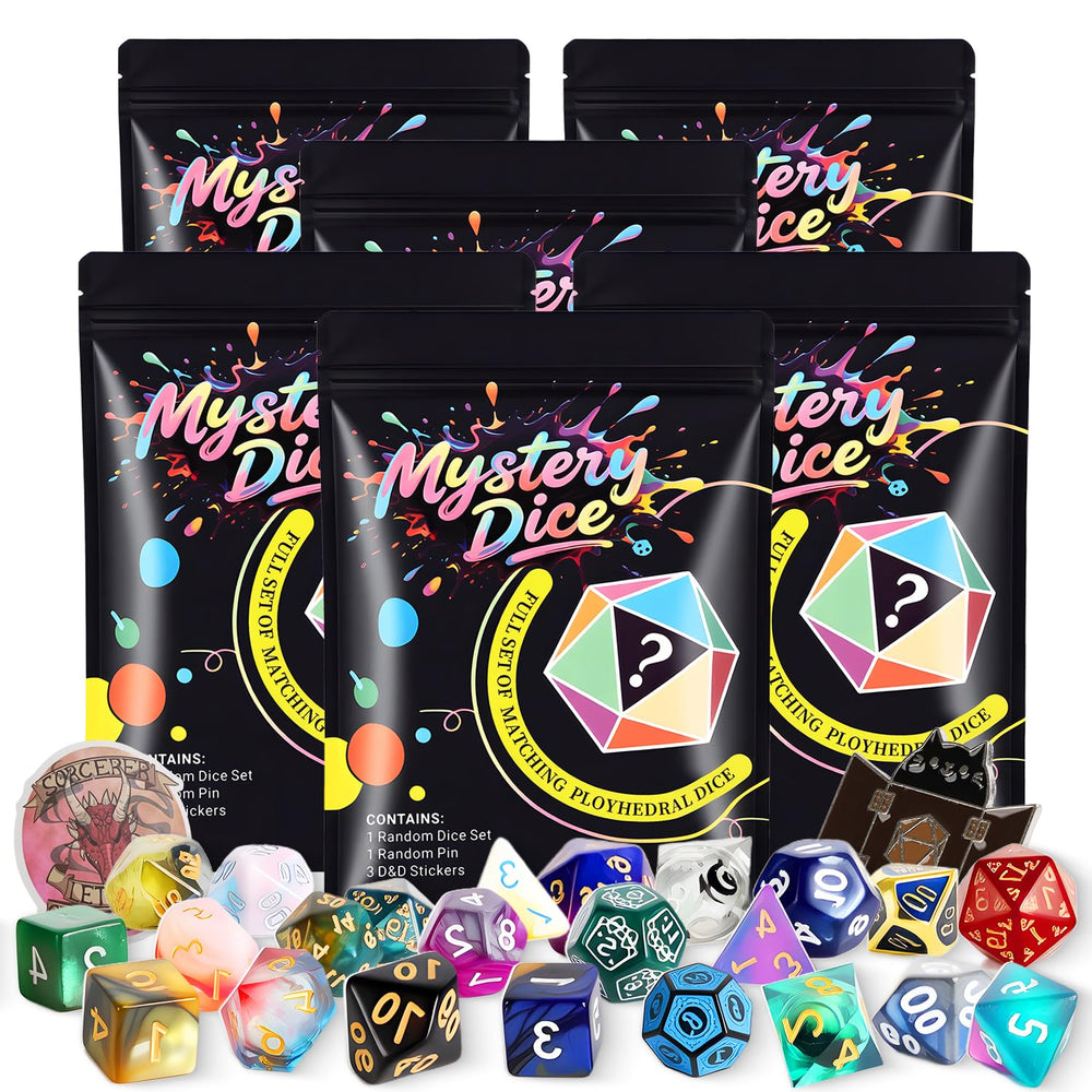 Coyeekn Mystery Dice Set shows seven colorful polyhedral dice for RPG sessions.