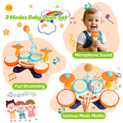 Cozybuy drum set features a built-in microphone for singing and storytelling.