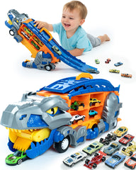 Cozycharm 13-in-1 dinosaur truck display for imaginative transport play and track setup.