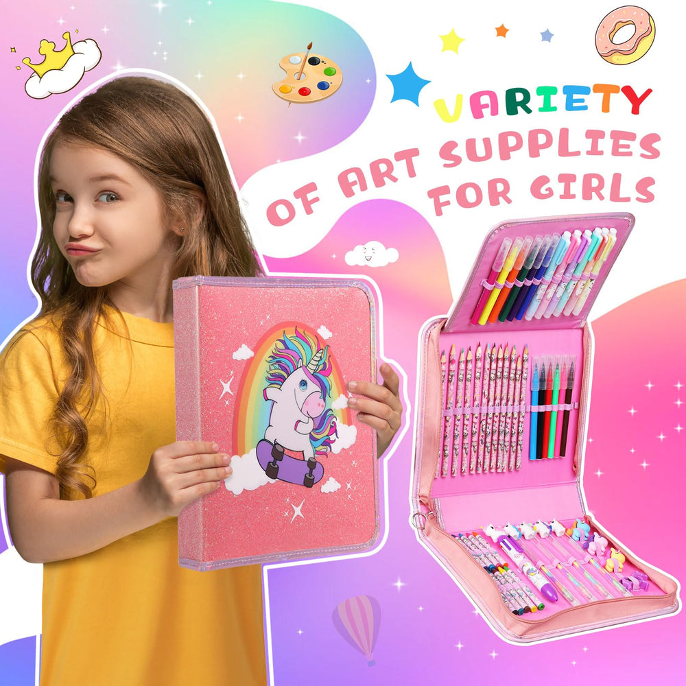 CozyJoyz Unicorn coloring book and markers display a wide color range for art projects.