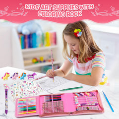 CozyJoyz Unicorn-themed supplies in a pink carry bag encourage creative play.