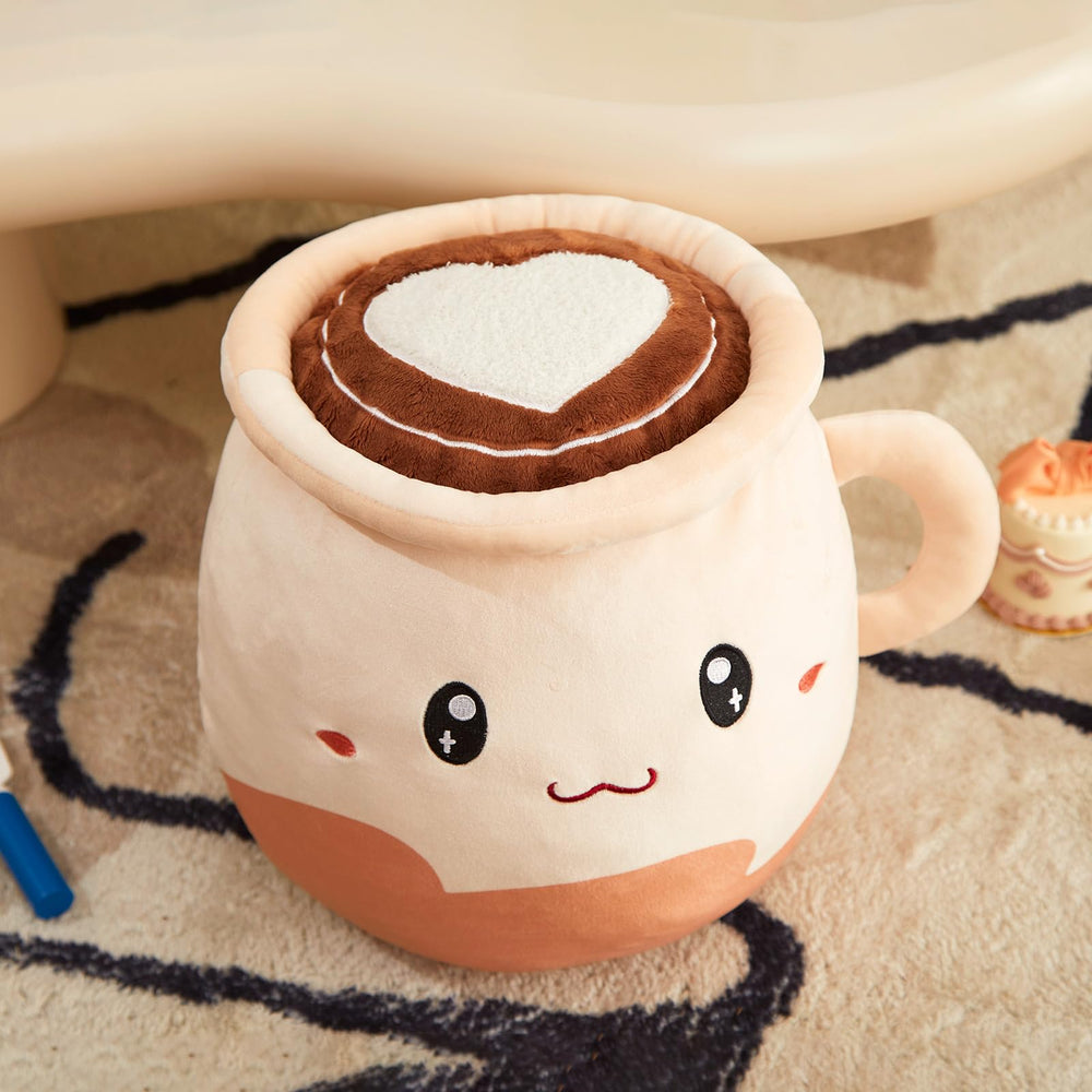 CozyWorld 12-inch coffee mug plush pillow with latte art for cozy desk decor