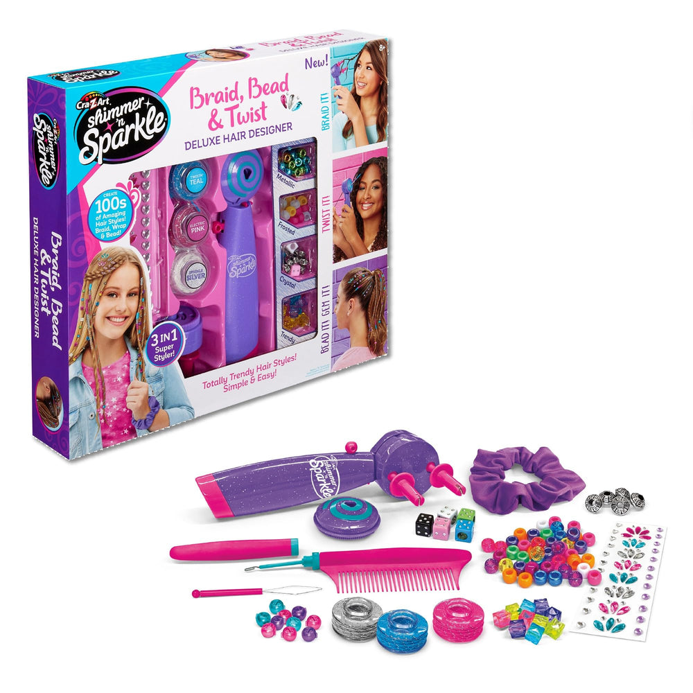 Cra-Z-Art Shimmer 'n Sparkle hair styler demonstrates a 3-in-1 tool for creative looks.