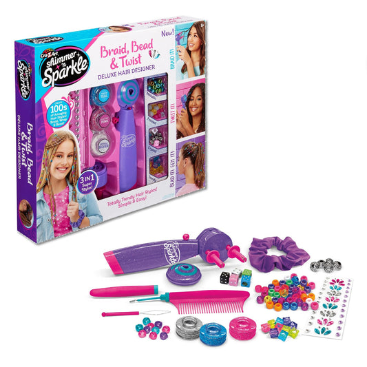 Cra-Z-Art Shimmer 'n Sparkle hair styler demonstrates a 3-in-1 tool for creative looks.