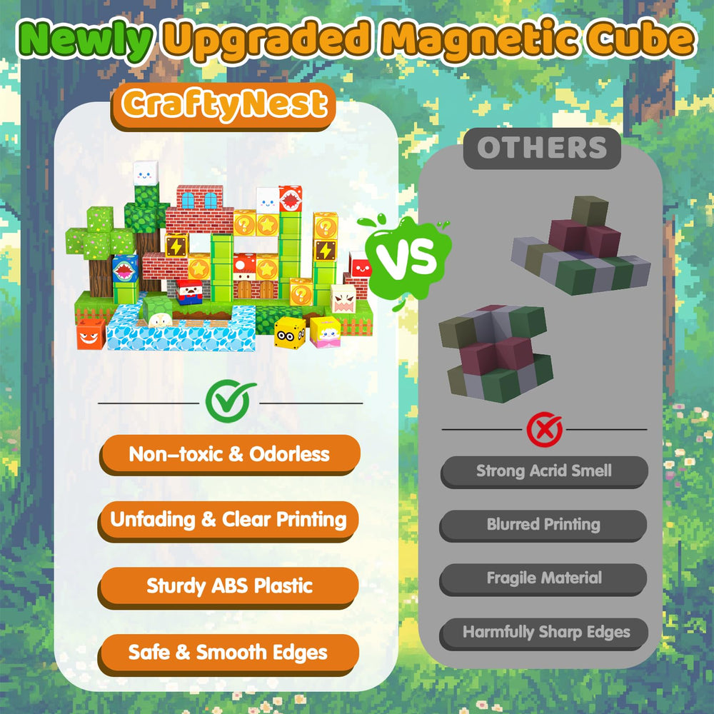 CraftyNest blocks with strong magnets creating stable, intricate structures.