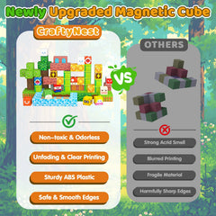 CraftyNest blocks with strong magnets creating stable, intricate structures.