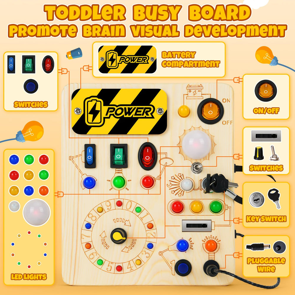 Cravenook Montessori Busy Board switches and buttons promote tactile play for dexterity
