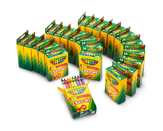 Crayola Crayons Bulk 24-box set showing vibrant colors for classrooms.