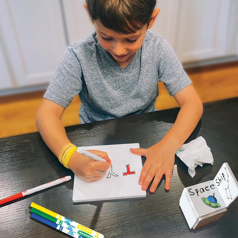 Crayola Doodle Tiles mix-and-match showcase for castle and rocket themes.