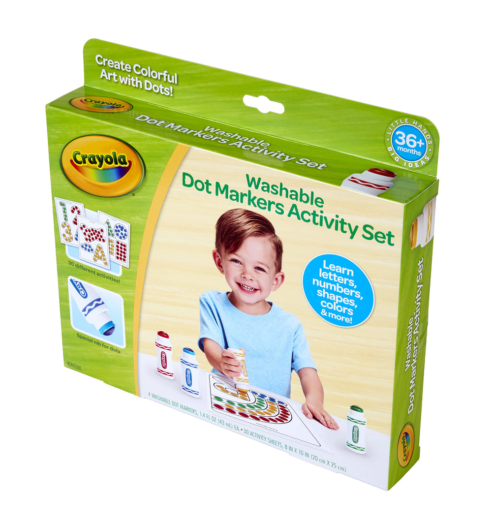 Crayola dot markers shown on bright pages supporting fine motor practice.