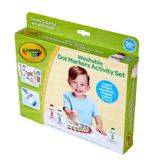 Crayola dot markers shown on bright pages supporting fine motor practice.