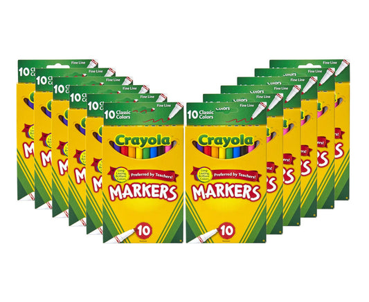 Crayola Fine Line Markers bulk 12-box set displayed for group art projects.
