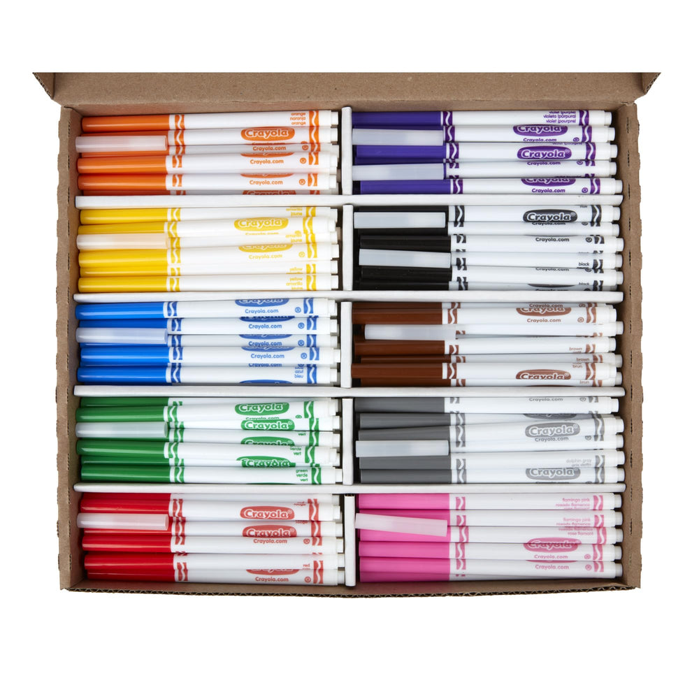 Crayola safe non-toxic markers suitable for ages 4 and up in classrooms.