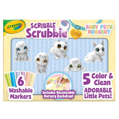 Crayola Scribble Scrubbie Baby Pets Nursery Playset shown with colorful pets and backdrop for imaginative play.
