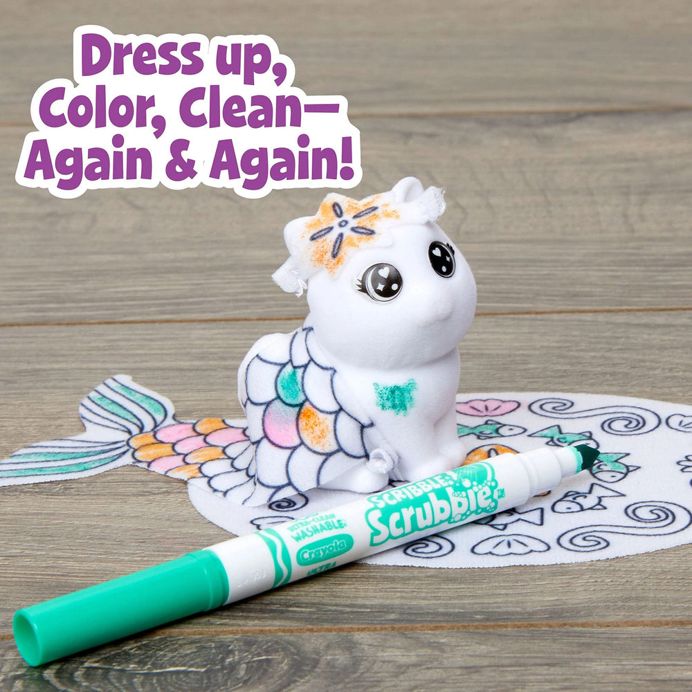 Crayola Scribble Scrubbie Pets scrub brush for quick cleanup between designs.
