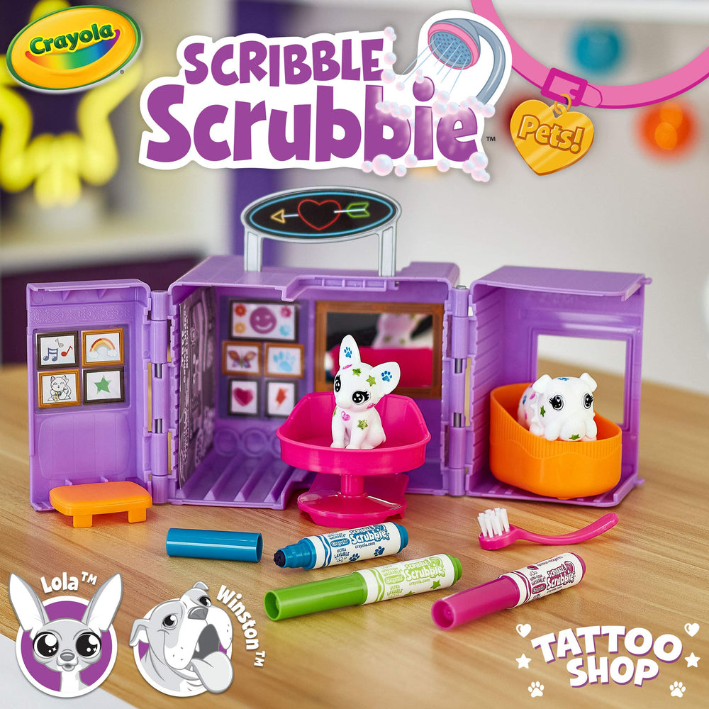 Crayola Scribble Scrubbie Tattoo Shop setup showing color, wash, and reuse.