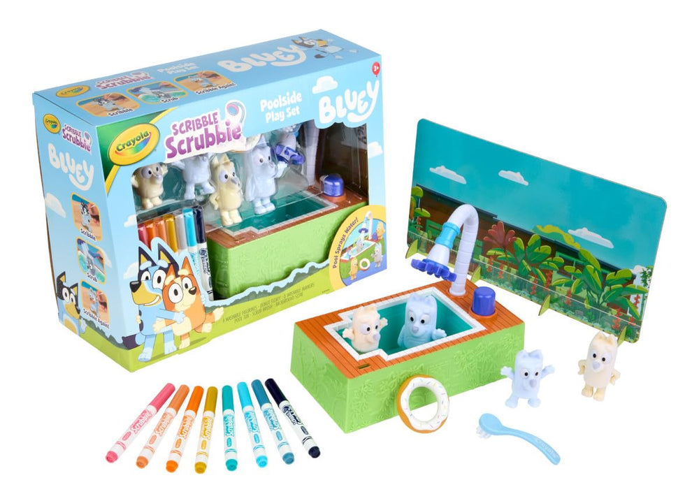 Crayola Scribble Scrubbies Bluey Poolside Playset washable art tools invite quick color rewashes