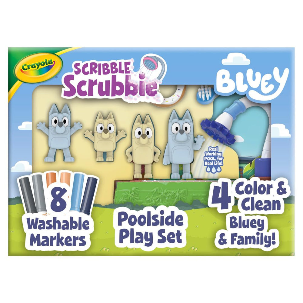 Crayola Scribble Scrubbies Bluey Poolside Playset packaging shows a complete, kid-friendly art kit