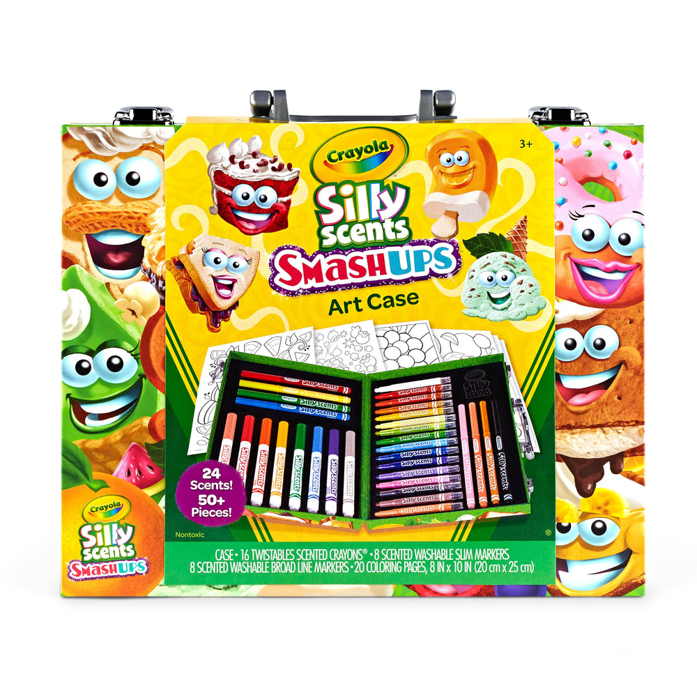Crayola Silly Scents art case open, organized supplies ready for on-the-go creativity.