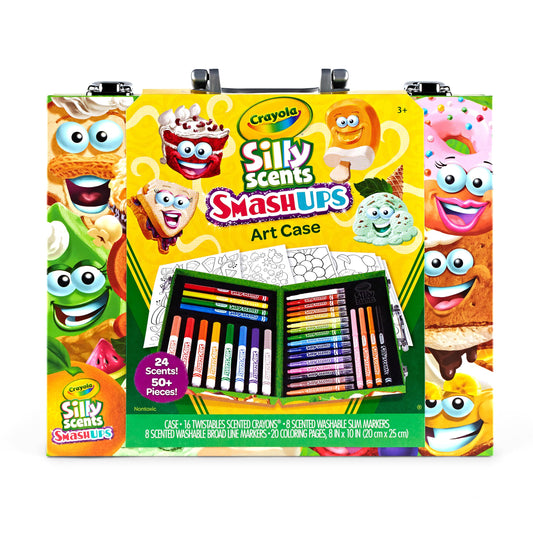 Crayola Silly Scents art case open, organized supplies ready for on-the-go creativity.