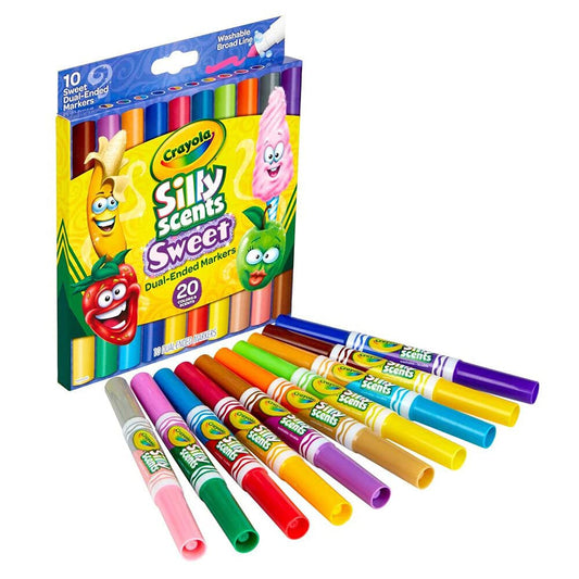 Crayola Silly Scents dual-ended markers show 20 colors with playful scents for creative play.