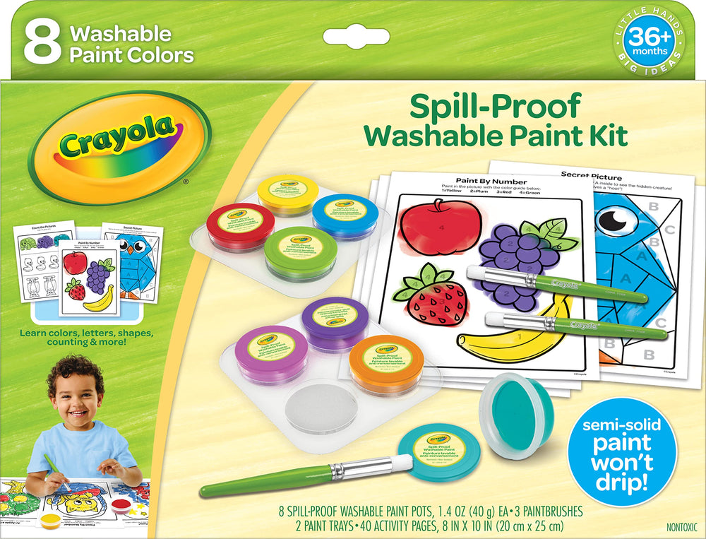 Crayola Spill Proof Paint Set 8ct pots and brushes ready for color play—washable colors