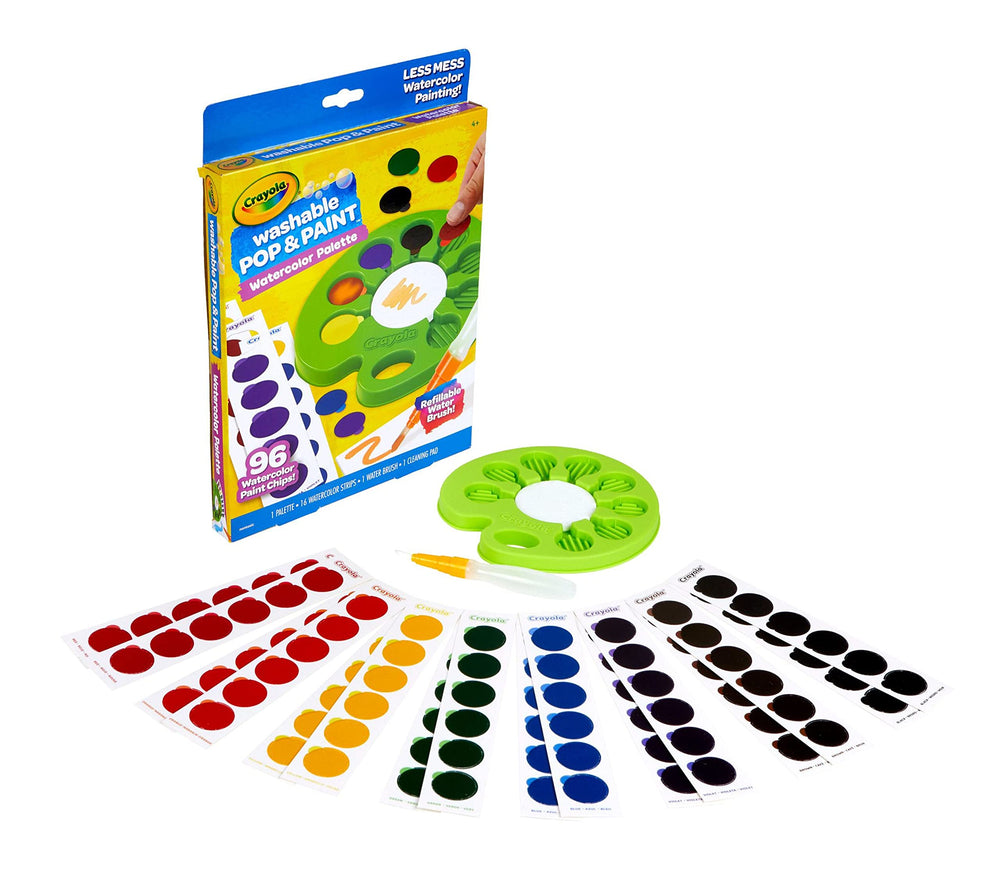 Crayola Watercolor Pop palette chips ready for mess-free painting on the go.