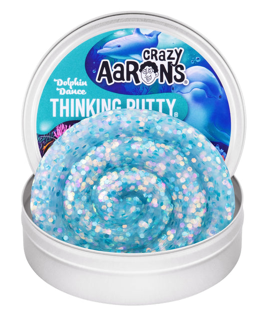 Crazy Aaron's Dolphin Dance see-through putty in a tin for tactile exploration and sparkle.