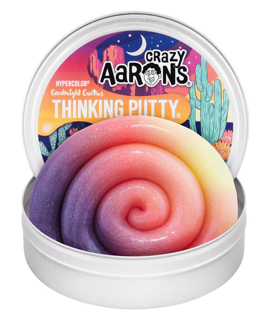 Crazy Aaron's Thinking Putty Goodnight Cactus in tin lid, color-changing sensory fun for kids and adults.