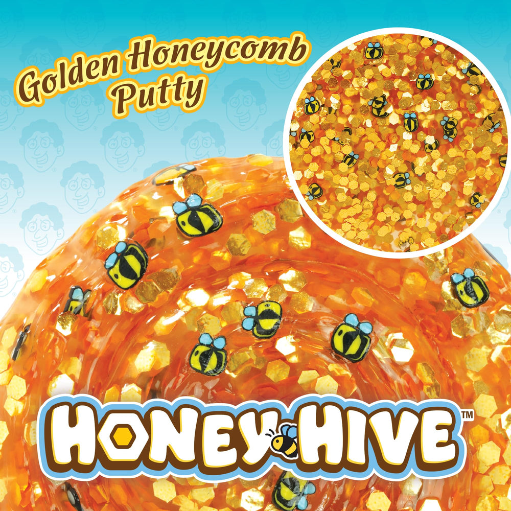 Crazy Aaron's Honey Hive open tin reveals clear putty ready for stretch and sculpting creativity.
