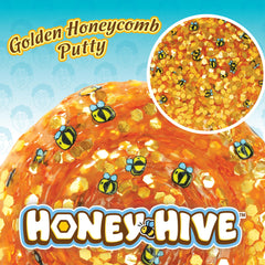 Crazy Aaron's Honey Hive open tin reveals clear putty ready for stretch and sculpting creativity.