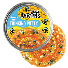Crazy Aaron's Honey Hive tin label shows clear putty for calm, creative sensory play.