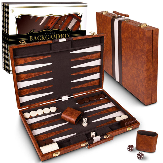 Crazy Games Premium Backgammon 15-Inches medium brown cover showcases durable leatherette exterior