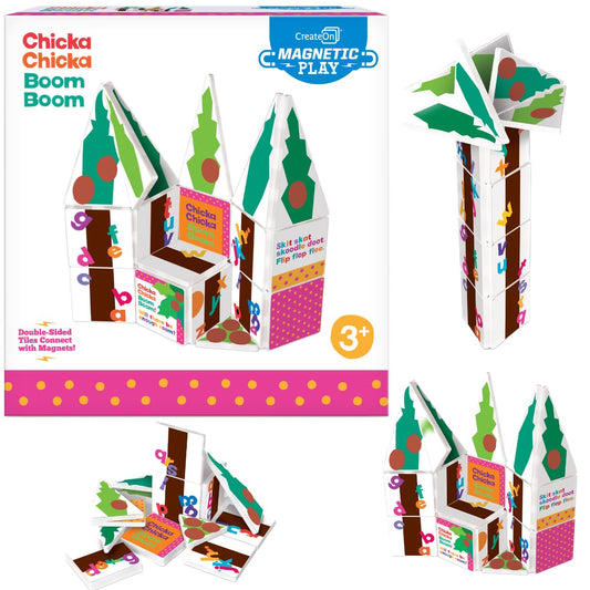 CreateOn Chicka Chicka Boom Boom tree assembly with durable colorful pieces for imaginative play.