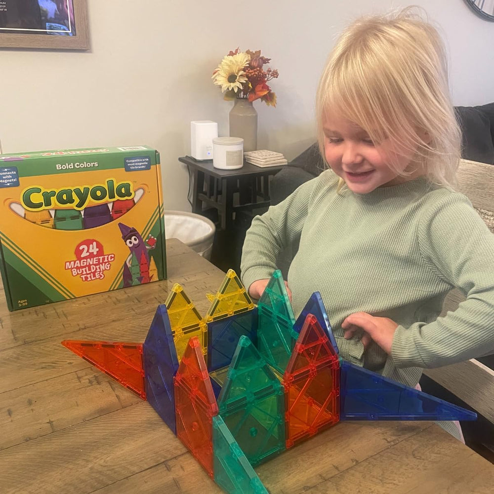 CreateOn Crayola Bold magnetic tiles connect with magnets for screen-free imaginative play.